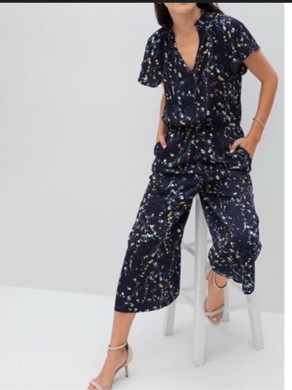 Banana Republic Jumpsuit Womens L Wide Leg Cropped Short Sleeve Floral NEW